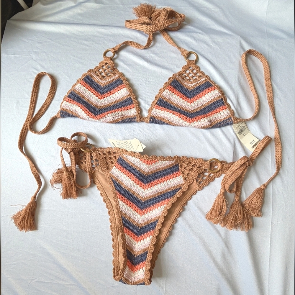 Aerie Chevron Crochet Bikini in Earth Tones